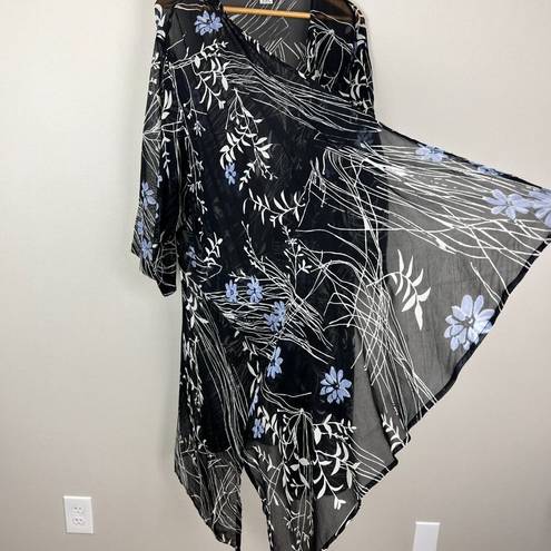 Ulla Popken‎ Kimono Duster Womens 32/34 Black Floral Colorful Sheer 3/4 Sleeve