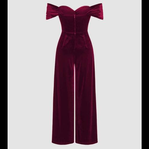 Cider  Wine Off Shoulder Sweetheart Ruched Velvet Jumpsuit