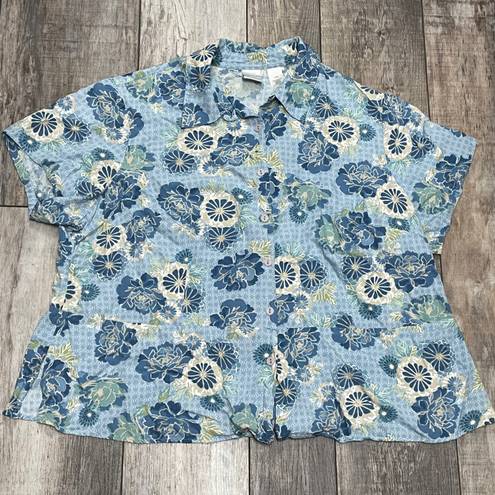 Emma James Short Sleeved Button Down Floral Design Shirt Blue White Size 20W