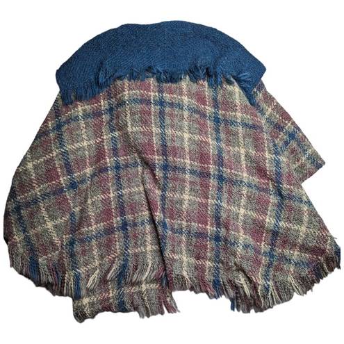 Vtg 1990s Boyne Valley Weavers Blue Gray Irish Wool Blend Plaid Poncho One Size Size XL