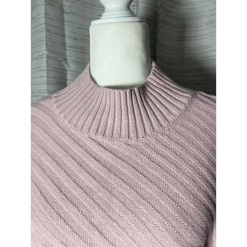 Charter Club 🌸  Asymmetrical Mock Neck Pastel Pink Ribbed Stripe Knit Sweater