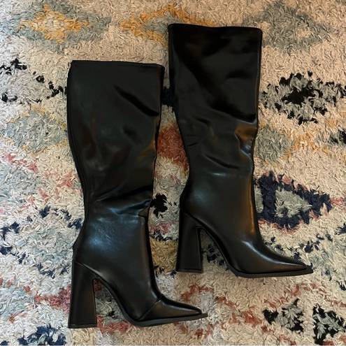 Princess Polly Keely Matte Black Faux Leather Knee High Heeled Boots 7