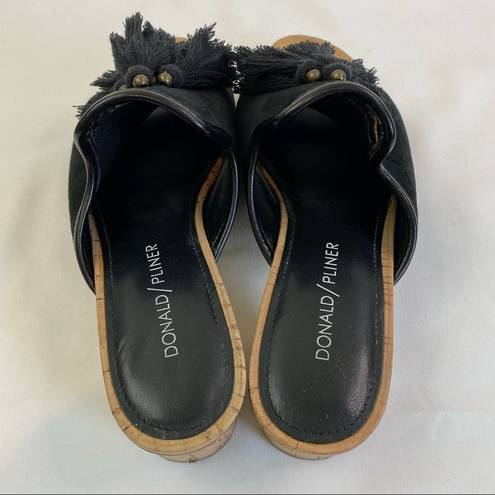 Donald Pliner  Marra Mule Slide Sandal Black Suede Sz 6 Tassels Cork Low Heel