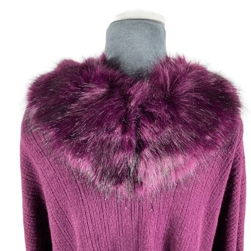 Young USA Knit Poncho Cape Shawl Faux Fur Collar Fringe OSFM Plum Purple NEW!