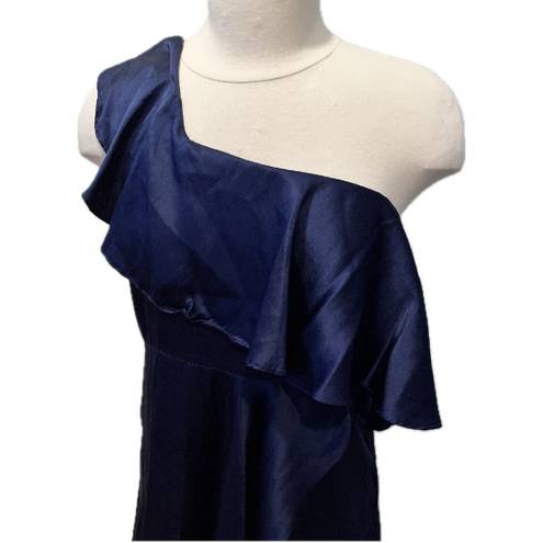 Alexis  Austyn 100% Silk Navy One Shoulder Ruffle Asymmetrical Maxi Gown Dress L