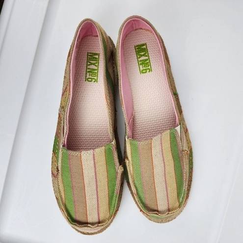 mix no. 6  Size 10 Lightweight Slip-on Comfort Shoes Green Beige Striped Canvas