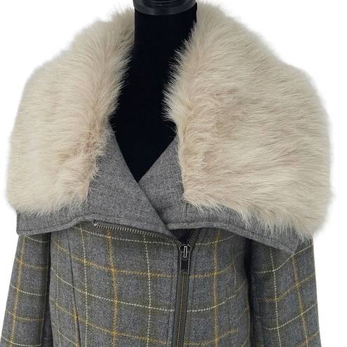 Banana Republic  Womens Faux Fur Coat Jacket Plaid Lined Zip Up Gray Yellow Small