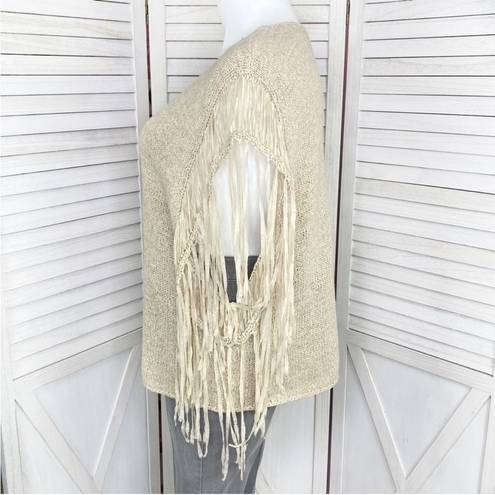 Chico's Chico’s Tarrin Tape Yarn Fringe Poncho Sweater Taupe Tan Large XL