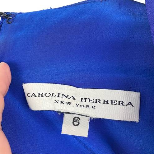 Carolina Herrera  Women's Blue V Neck Short Sleeve Draped Waist Wool Dress Sz 6