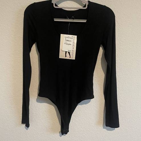 Naked Wardrobe  New Bodysuit Womens Extra Small Black Long Sleeve V Neck NWT