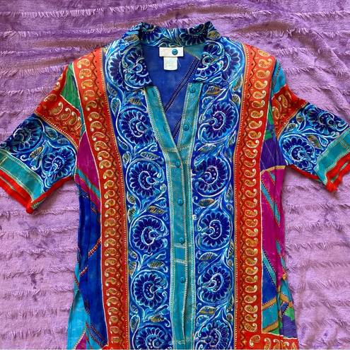 Gottex Vintage 80s  Mediterranean Abstract Colorful Button Up Shirt Dress