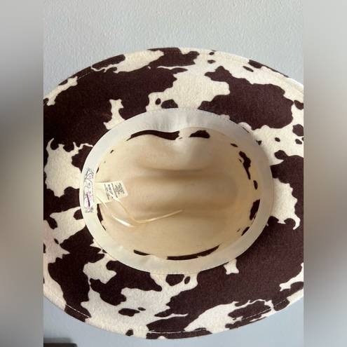 Free People  Milk Money Cowboy Rancher Hat Wool Felt Cow Print Brown Ivory