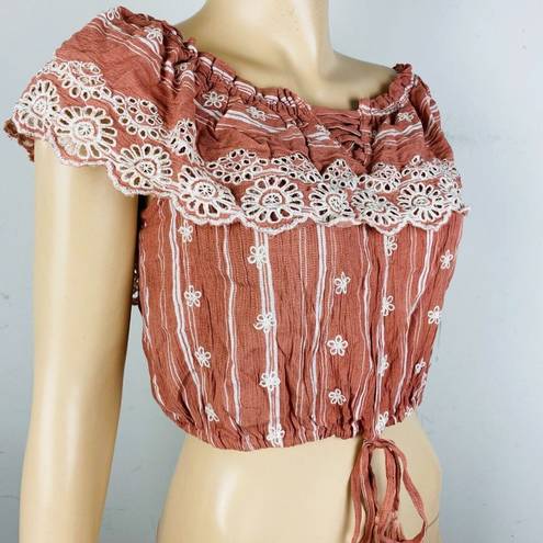 Poof  Cute Cinnamon Color Bohemian Embroidered Detail Women's L Off Shoulder Top