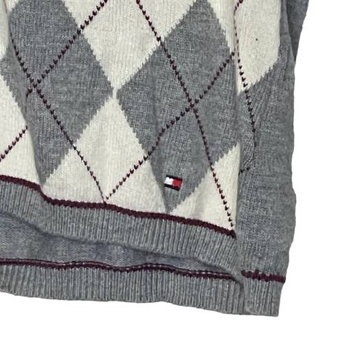 Tommy Hilfiger  Cardigan Sweater Size Medium Gray White Burgundy Argyle Womens