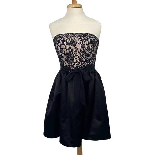 Shoshanna  Lace Satin Fit & Flare Mini Dress Strapless Black Ivory Womens 10