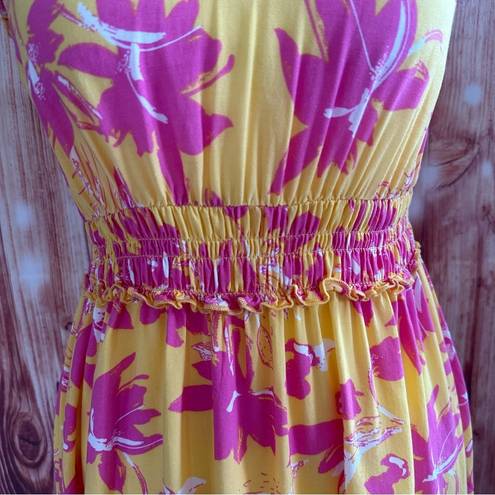 Jessica Simpson Yellow Ruffle Trim Pink Floral Print Maxi Dress