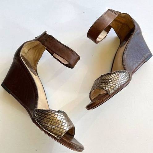 Frye  Brown Leather‎ Metallic Wedge Zip Up Backs Sandals Ankle Strap Size 7.5M