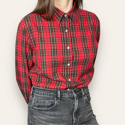 Nordstrom Vintage  Button-Up Shirt Women Plaid Long Sleeve Red Collar Tomboy Work