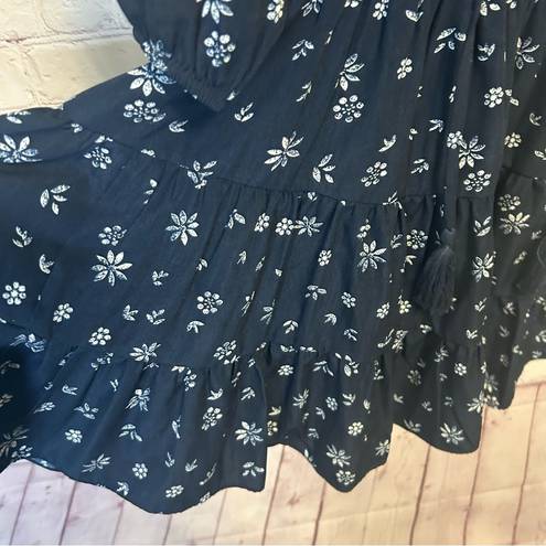 Entro  navy blue floral v neck lined ruffle tiered mini dress size Medium