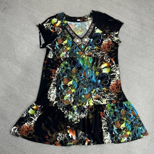 Tiana B Abstract Floral Beaded Neck Ruffle Hem Shift Dress Brown Multi 14