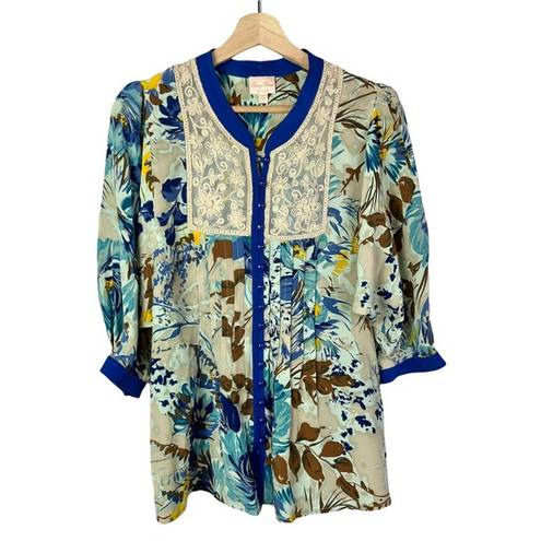 Tracy Reese  Tan & Blue Floral Button Down Silk Long Sleeve Top S