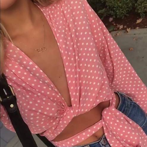 Shopbop Resurrection pink polka dot tie front wrap billowy sleeves plunge blouse