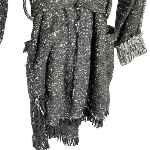 Free People  Black Combo Wool Blend Fringe Blanket Coat Size Medium Boho Womens