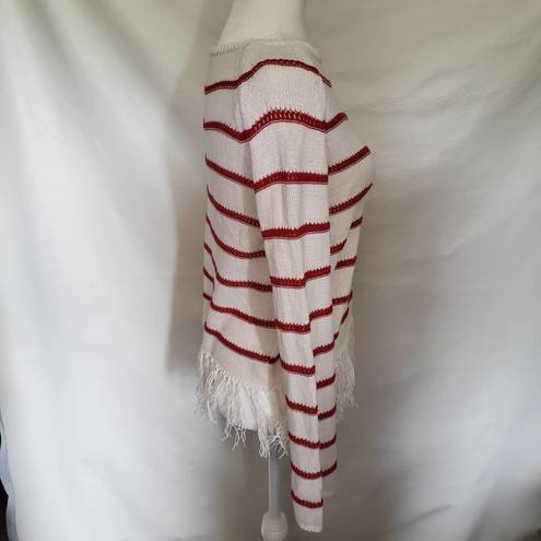 W By Worth  Womens Sweater Size S Stripe Fringe Open Knit White Red Long Sleeve