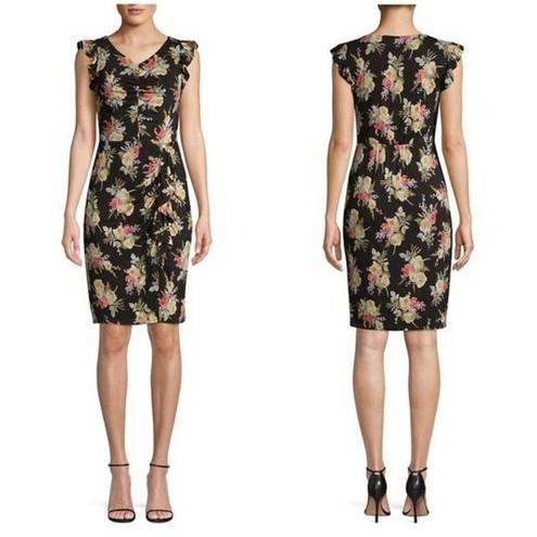 Rebecca Taylor  Floral Ruffle Sheath Dress Size Small GUC Wool Blend Knee Length