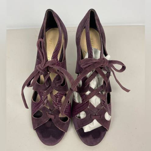 Kate Spade Eggplant Purple Chad Suede Leather Lizard Print Lace Up Open Toe Heel