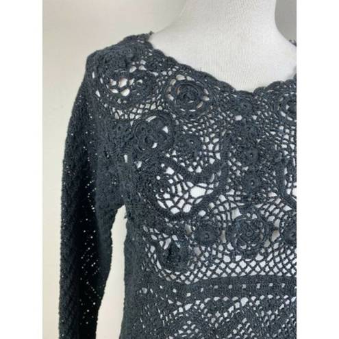 Carole Little  Knitwear Sweater‎ Small Black Open Crochet Knit Floral Long Sleeve