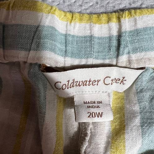 Coldwater Creek Yellow Cream Blue Vertical Stripe 100% Linen Pull On Summer Pant