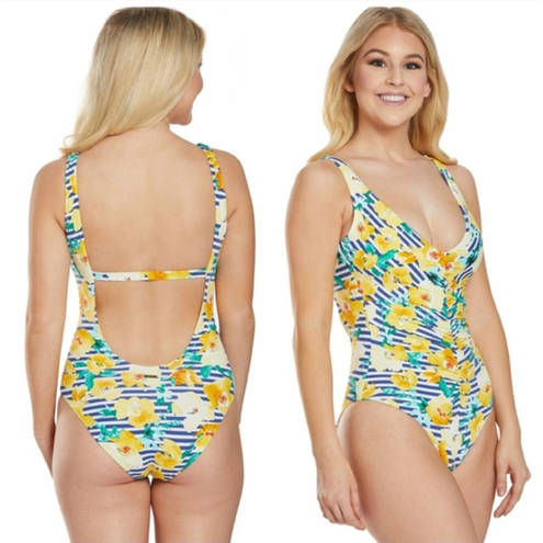 Skye Swimwear SKYE Primavera Yellow Floral Blue & White Striped One Piece Monokini Size Large