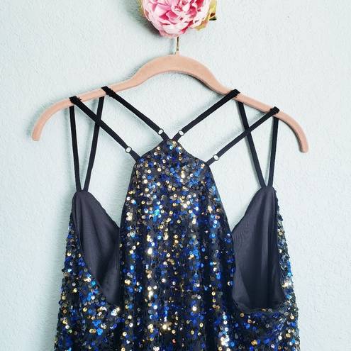 City Chic  Blue and Gold Sequin Strappy Mini Dress