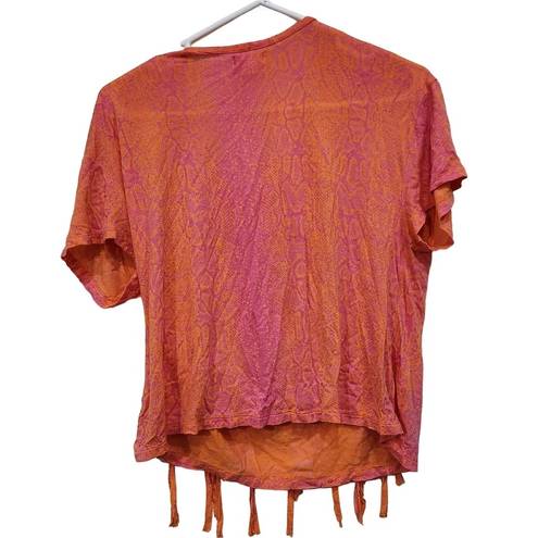 Kirra Pacsun  Orange Pink Knotted Woven Fringe Tassel Tee Shirt Top Size Medium