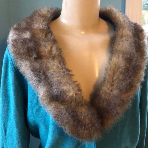 CAbi  Faux Fur Neckline Cardigan in Teal