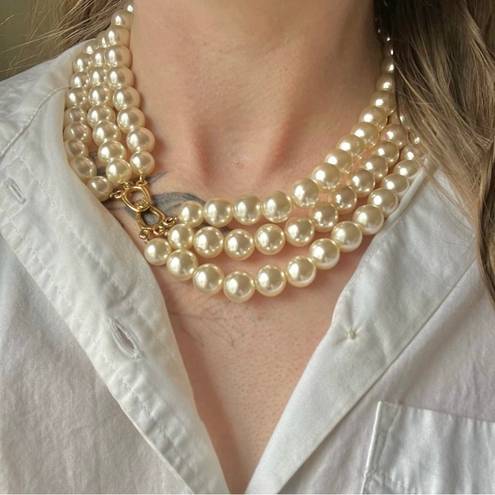 American Vintage Vintage “Morgana” Gold Hook Clasp Three Strand Pearl Necklace Chunky Statement