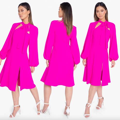 Black Halo NEW $390  Lanita Tie Neck Long Sleeve Dress in Vibrant Pink