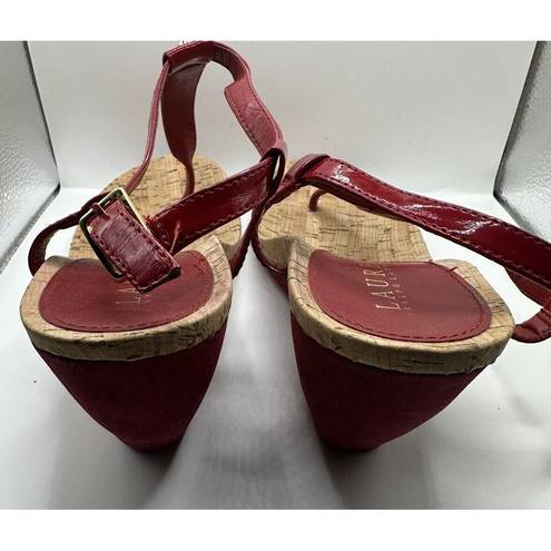 Ralph Lauren LAUREN  Rosalia Red T-Strap Wedge Cork Shoes Women's Size 9B