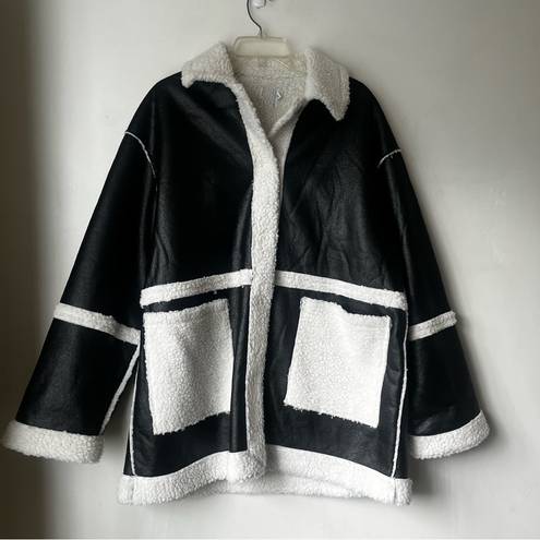 Princess Polly Lexie Black & White Faux Leather Shearling Oversized Jacket L/XL