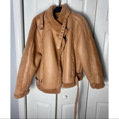 Missguided  Premium Brown Tan Borg Teddy Faux Leather Belted Aviator Jacket 14 XL