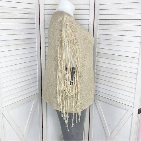 Chico's Chico’s Tarrin Tape Yarn Fringe Poncho Sweater Taupe Tan Large XL