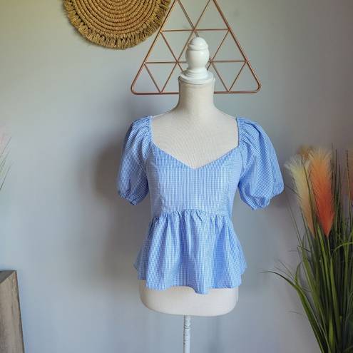 English Factory Nordstrom,  New Blue Gingham Peplum Puff Sleeve Top Size Small