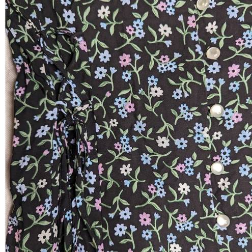 Fashion Bug Vtg 1990s  Black Ditsy Floral Print Button Front Laced Shirt Dress 10