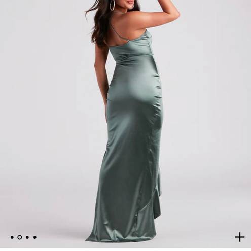 Windsor Lauren Ruffled Slit Satin Formal Dress