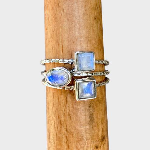 Sterling Silver Rainbow Moonstone Stacker Ring Trio - Sz 6