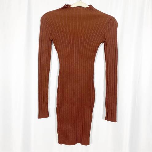 Naked Wardrobe  Long Sleeve Mock Neck Ribbed Bodycon Mini Dress: Rust Brown