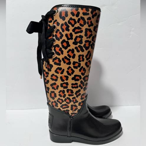 Coach  Tristee Leopard Animal Print Lace Up Knee High Rubber Rain Boots Size 7B