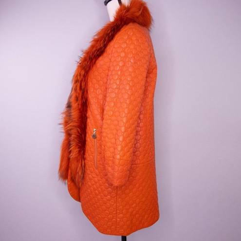 Vintage leather coat with fur trim, color orange Size XS