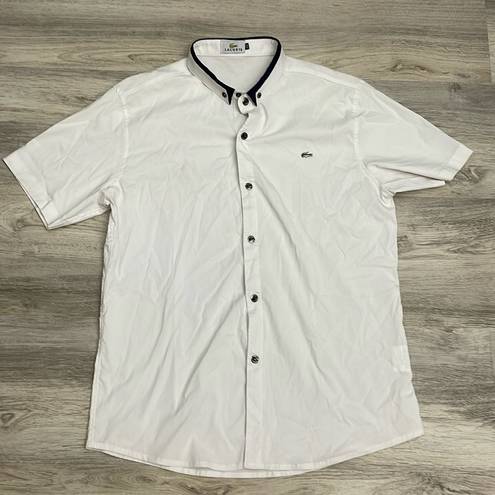 Lacoste White with Navy Around Collar Short Sleeve Button Down Shirt Size XXL